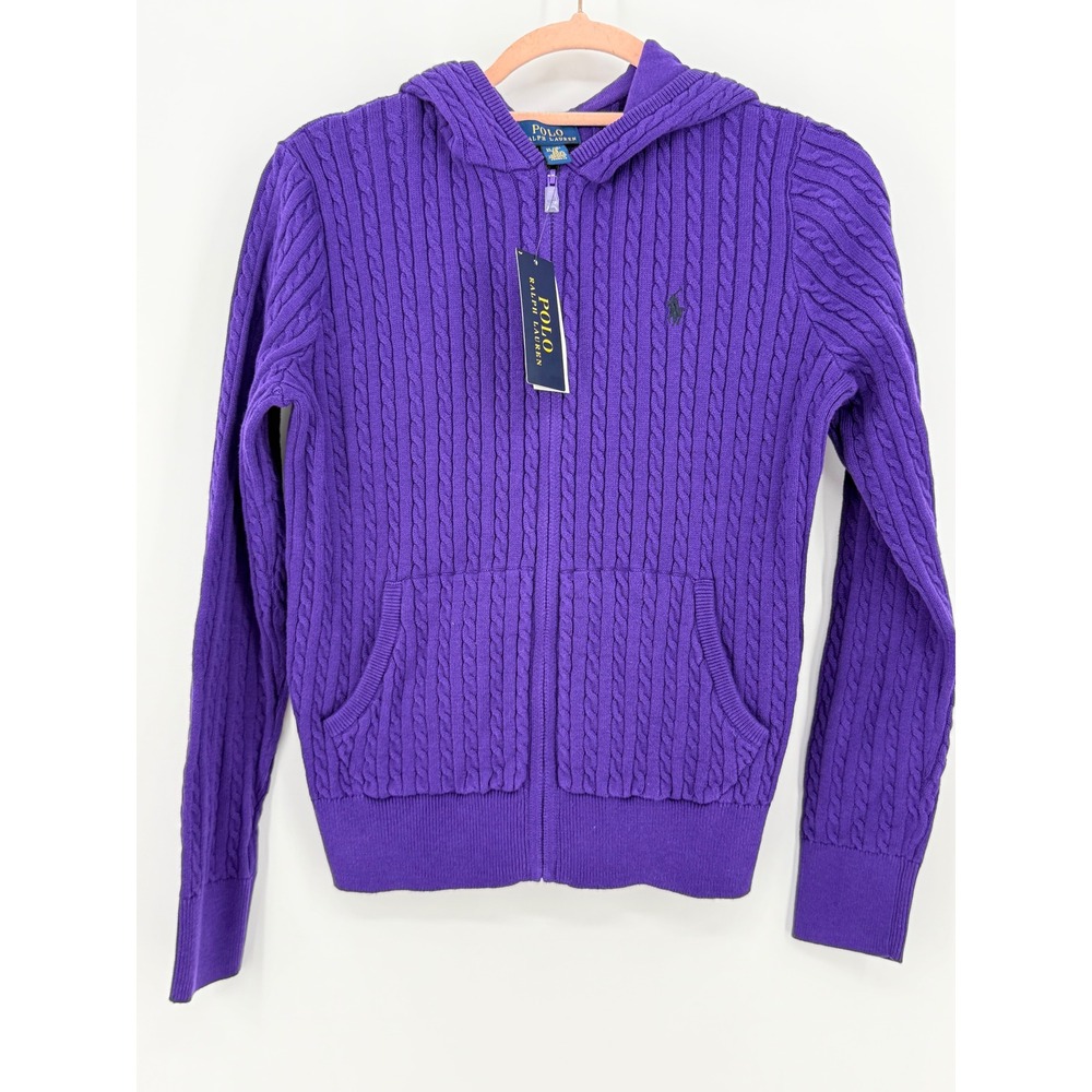 Polo Ralph Lauren Kids Purple Cable Knit Full Zip Hoodie Sweater Girls XL 16 NWT